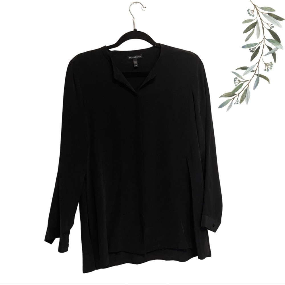 Eileen Fisher Black Silk Button Down Blouse Size Small